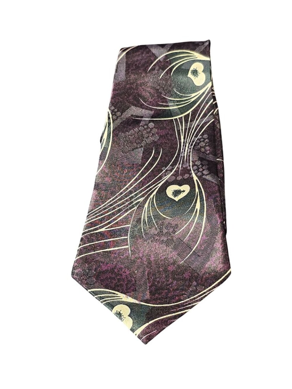 Vintage Bossanoba Silk Tie With Purple & Cream Abstract Floral and Heart Design - Picture 7 of 10